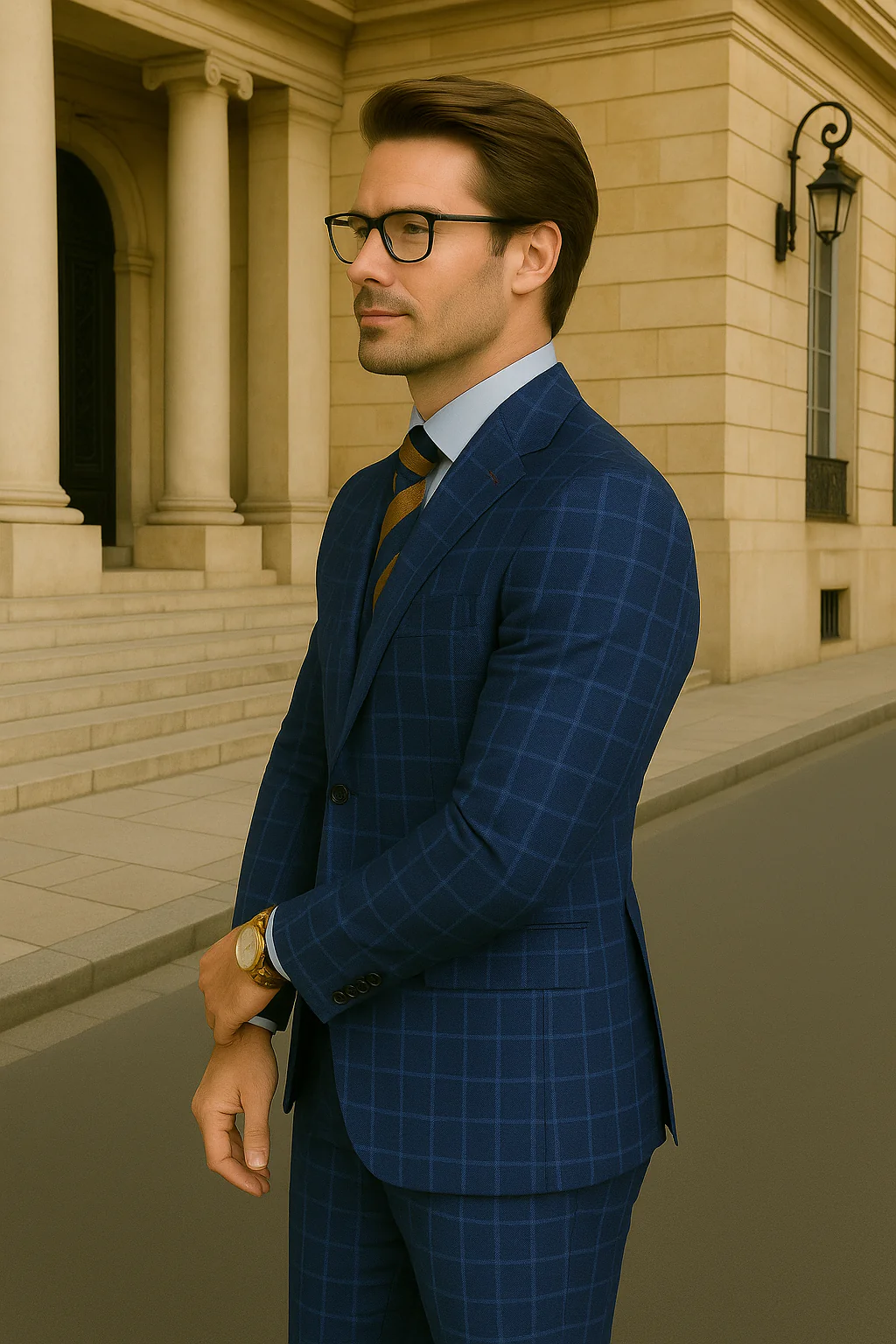 Wool Suit - Italian Made Business Suit by Statement Men's 3 Piece 100% Wool Modern Fit Suit - Classic Plaid Pattern - Image 4
