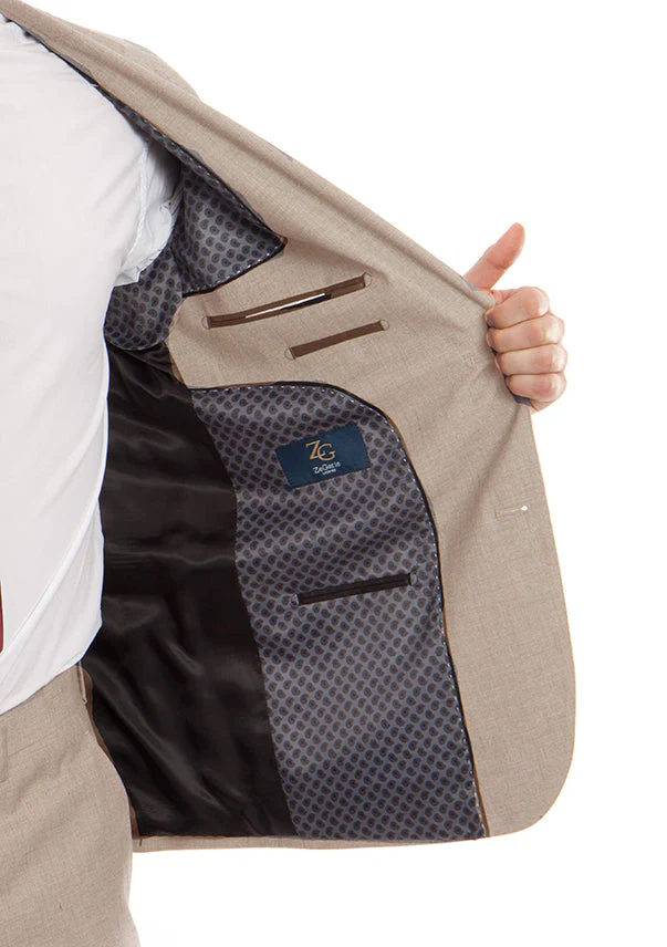 Arezzo Collection - 100% Wool Suit Modern Fit Italian Style 2 Piece in Tan - Image 3
