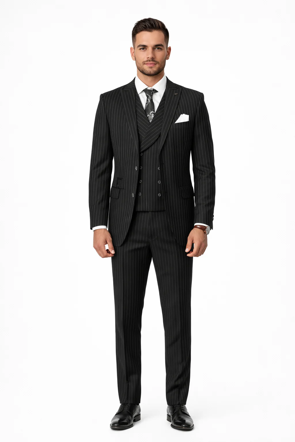 Mens Gangster Pinstripe 2 Button Double Breasted Vest Suit in Black