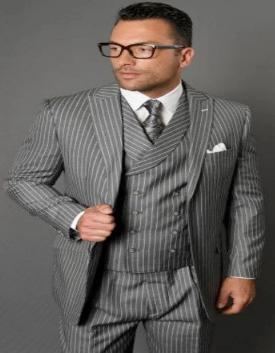 Mens Gangster Pinstripe 2 Button Double Breasted Vest Suit in Black - Image 10