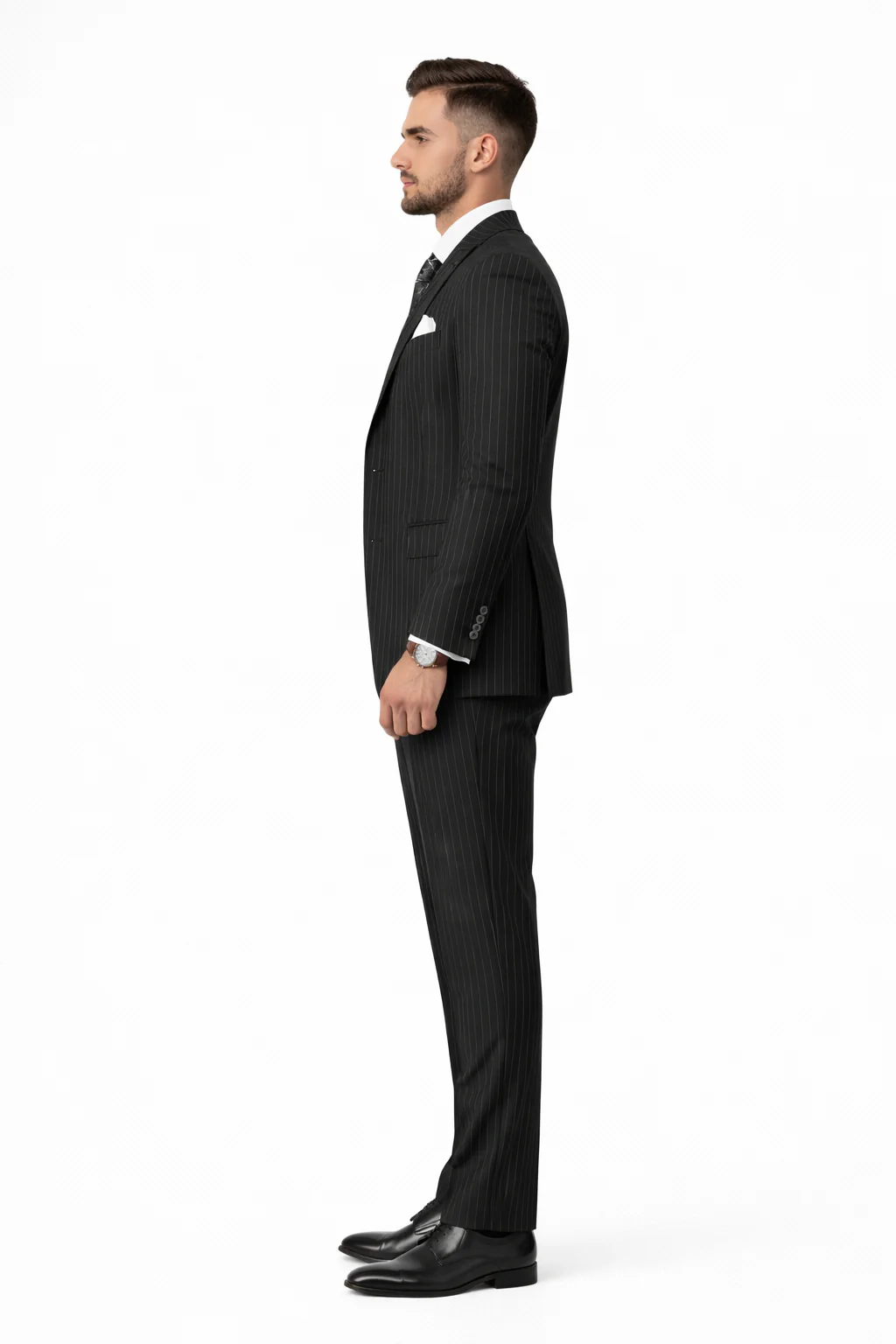 Mens Gangster Pinstripe 2 Button Double Breasted Vest Suit in Black - Image 3