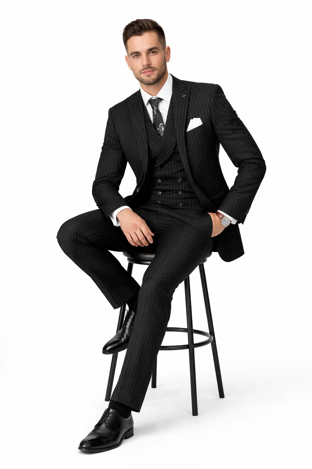Mens Gangster Pinstripe 2 Button Double Breasted Vest Suit in Black - Image 4