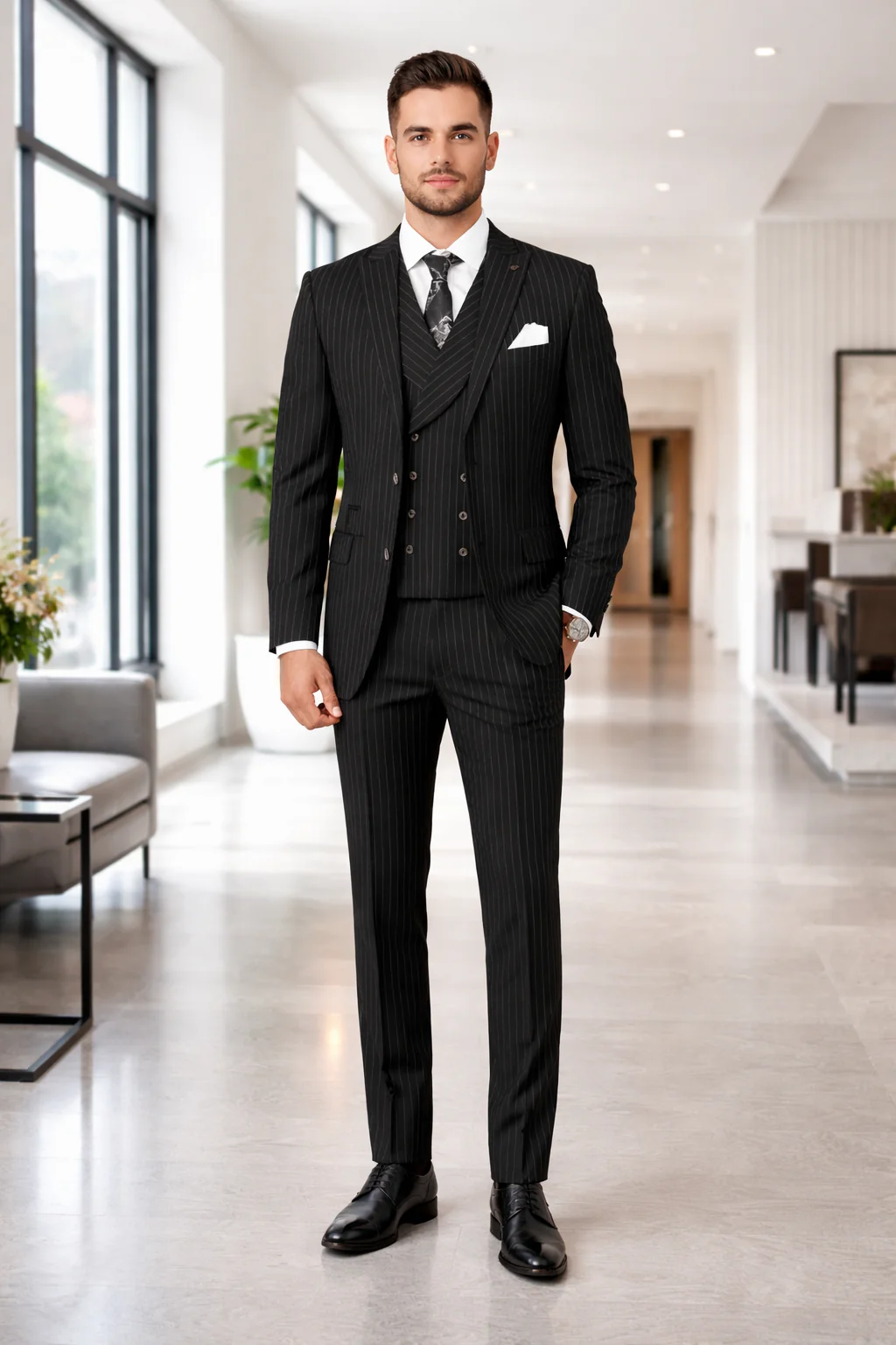 Mens Gangster Pinstripe 2 Button Double Breasted Vest Suit in Black - Image 5
