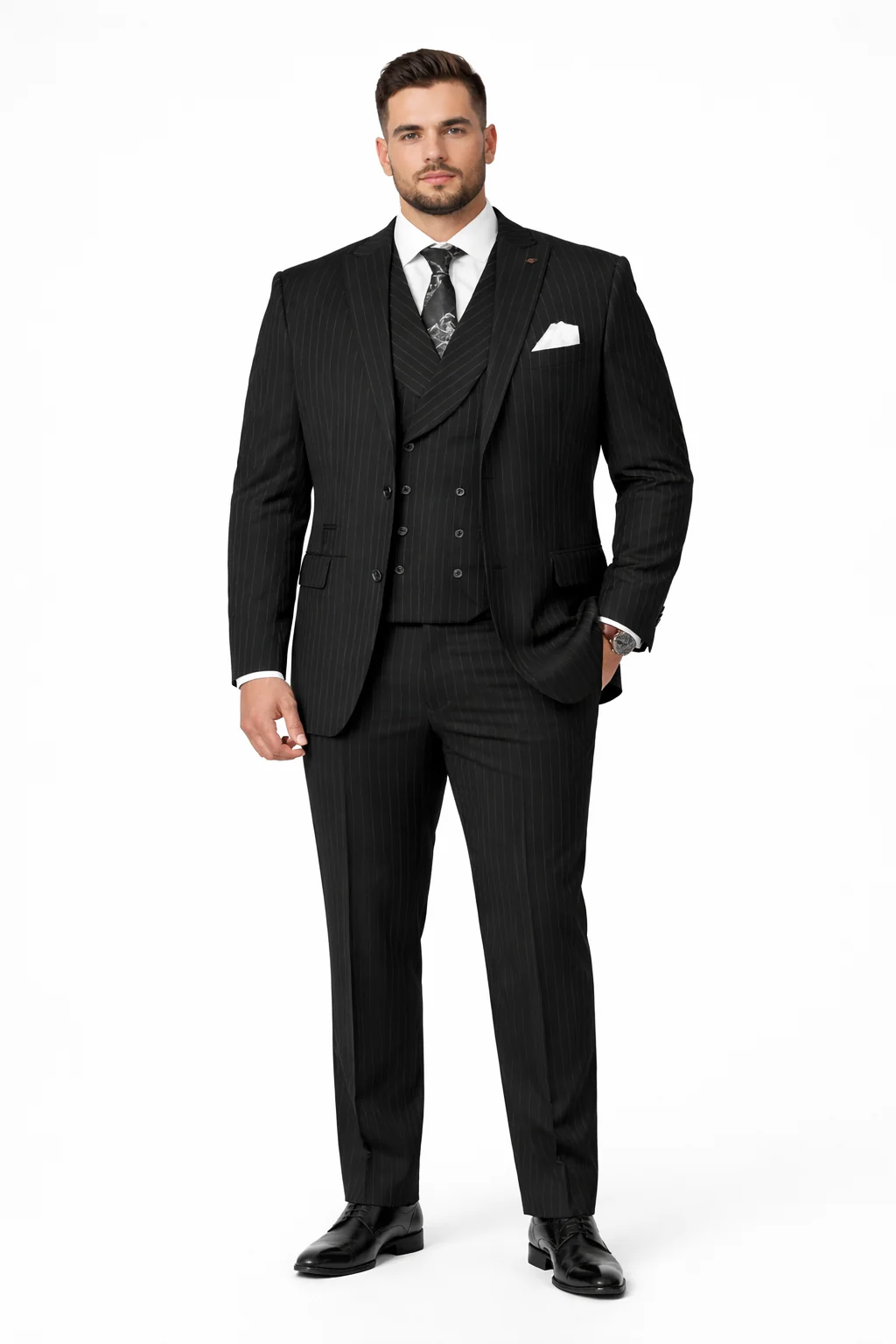 Mens Gangster Pinstripe 2 Button Double Breasted Vest Suit in Black - Image 7