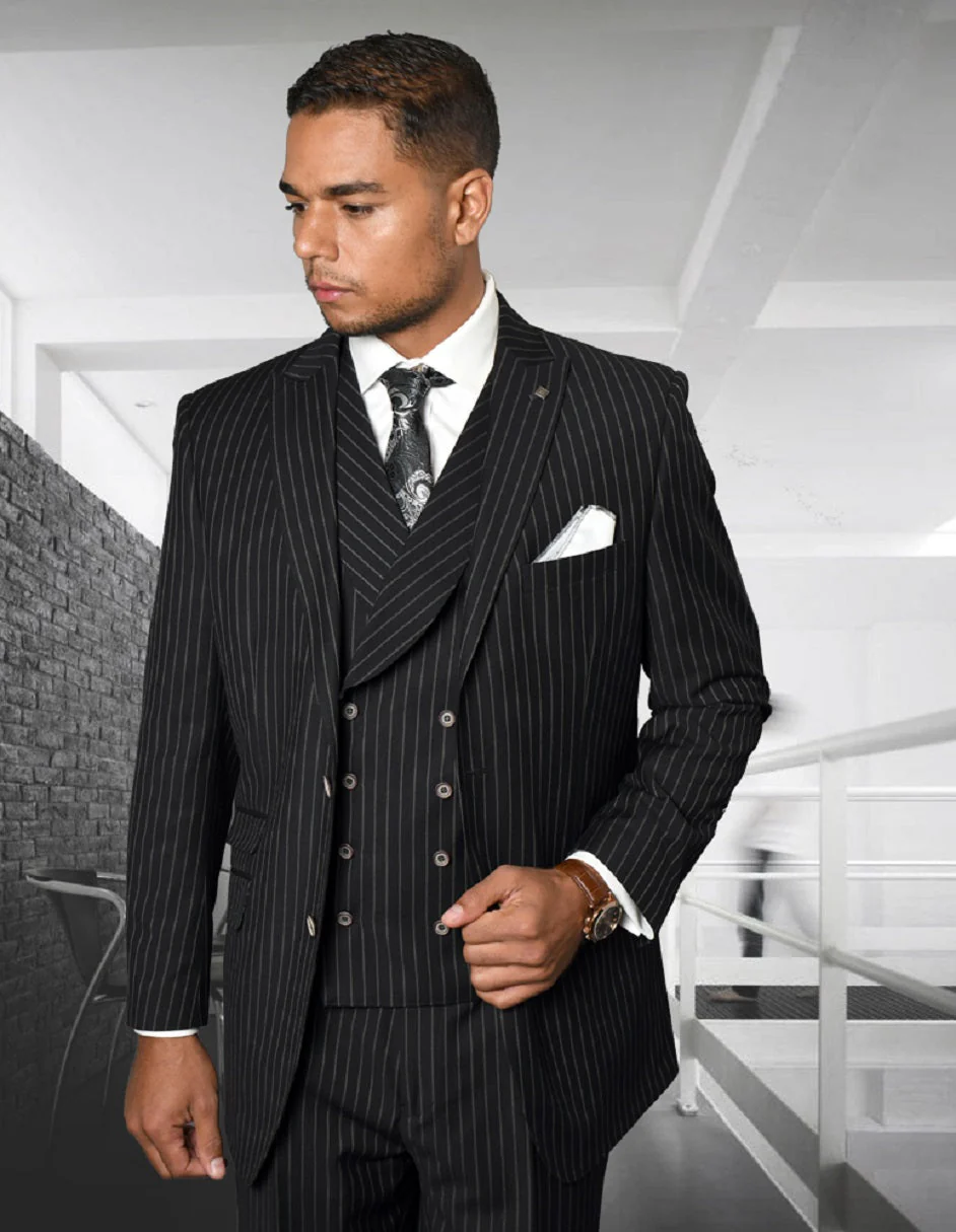 Mens Gangster Pinstripe 2 Button Double Breasted Vest Suit in Black - Image 8