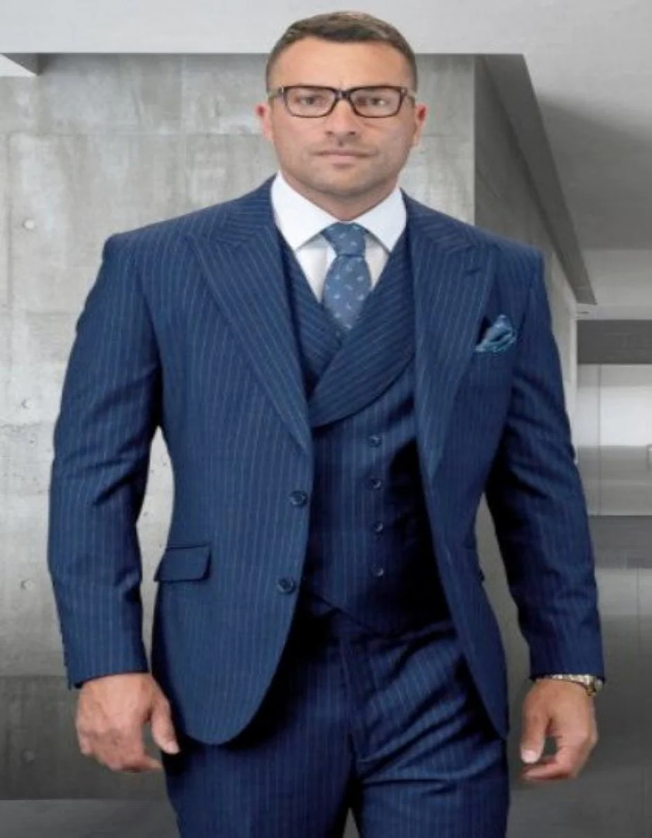 Mens Gangster Pinstripe 2 Button Double Breasted Vest Suit in Black - Image 9